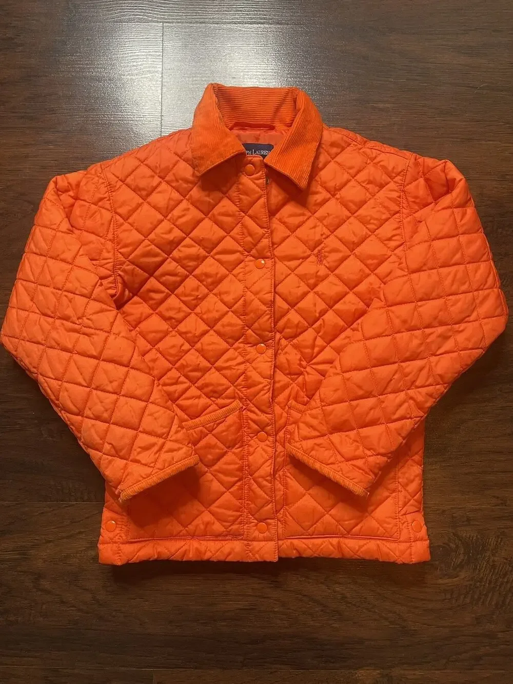 Kids Ralph Lauren Jacket Quiled Size S Winter Coat Corduroy Collar Orange Puffer